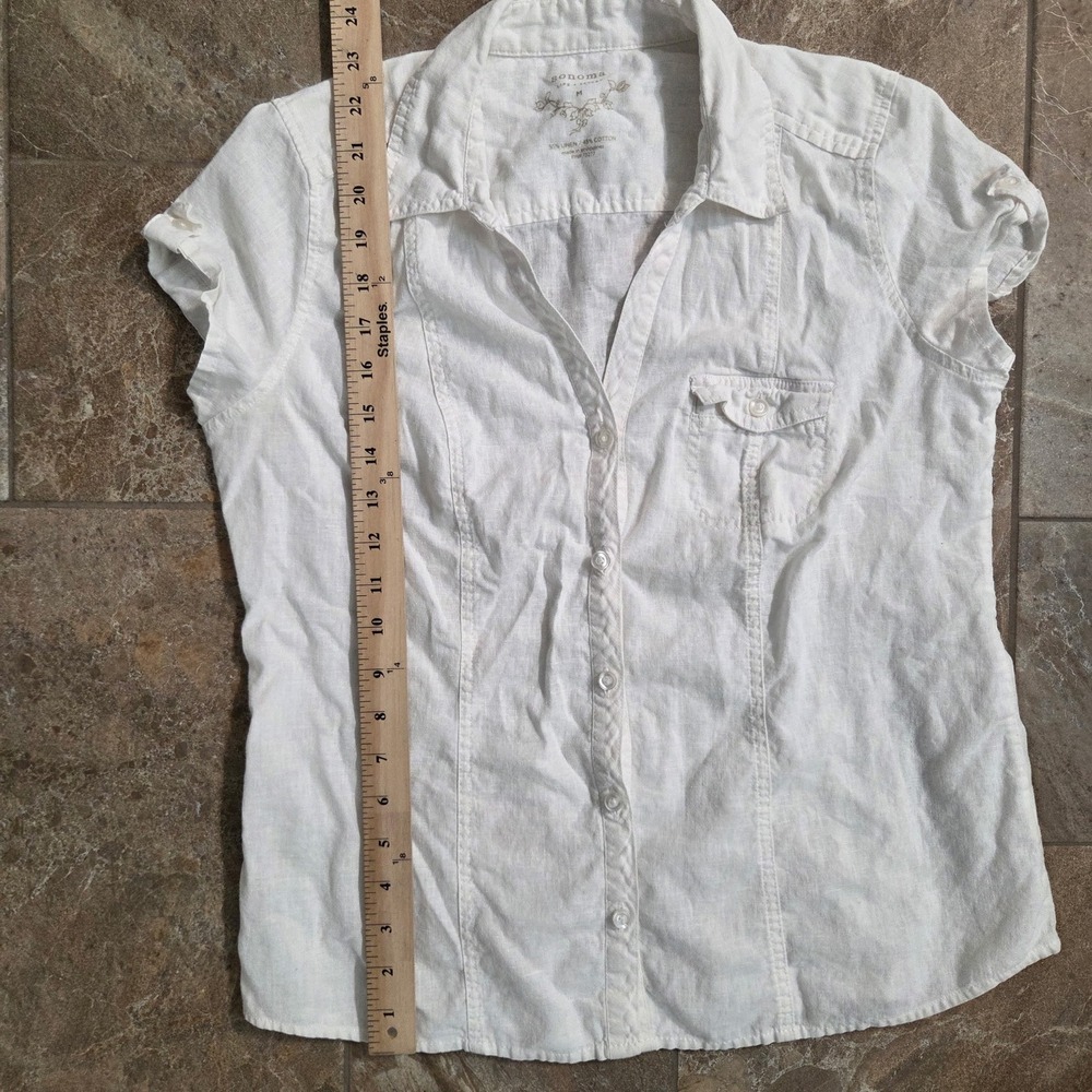 Sonoma Life Style White Linen Blend Short Sleeve Button Down Shirt Medium - Picture 5 of 7